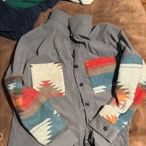 Gray Button-Up Jacket with Colorful Patterned Sleeves